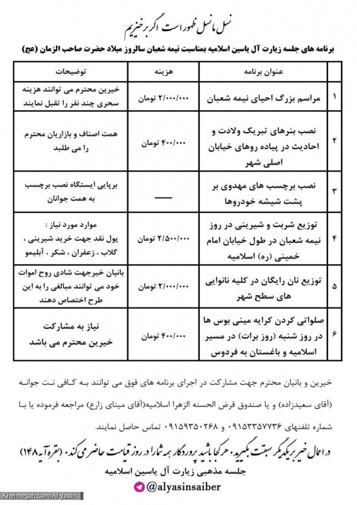 برنامه های جلسه جهت برپایی هرچه باشکوه تر مراسم نیمه شعبان